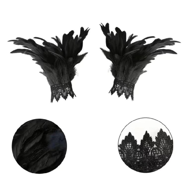 Braut Handgelenksmanschetten Federhandschuhe Hochzeit Kopfschmuck Schwarz Aufwändige Handbedeckung