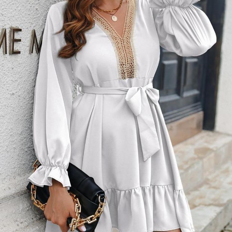 Elegant Chic Long Sleeve Lace Dress V Neck Solid Color Ruffle Women Dresses Fall Winter Sizes S XL