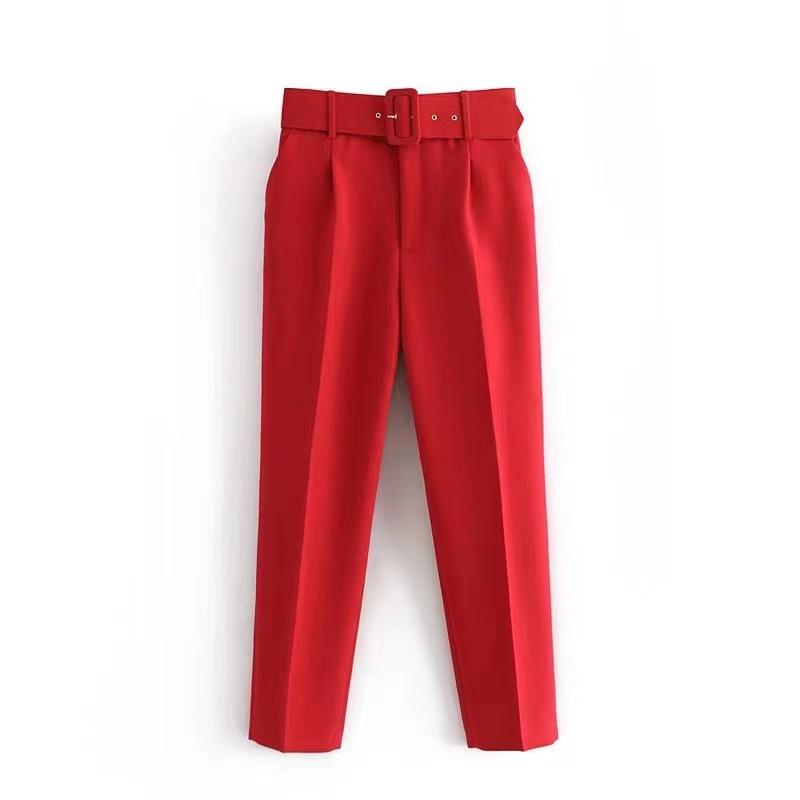 New Women's Casual Pants, Slim Fit Straight Leg Stretch Trousers with Belted Waist, Solid Color Office Wear Cropped Pants
