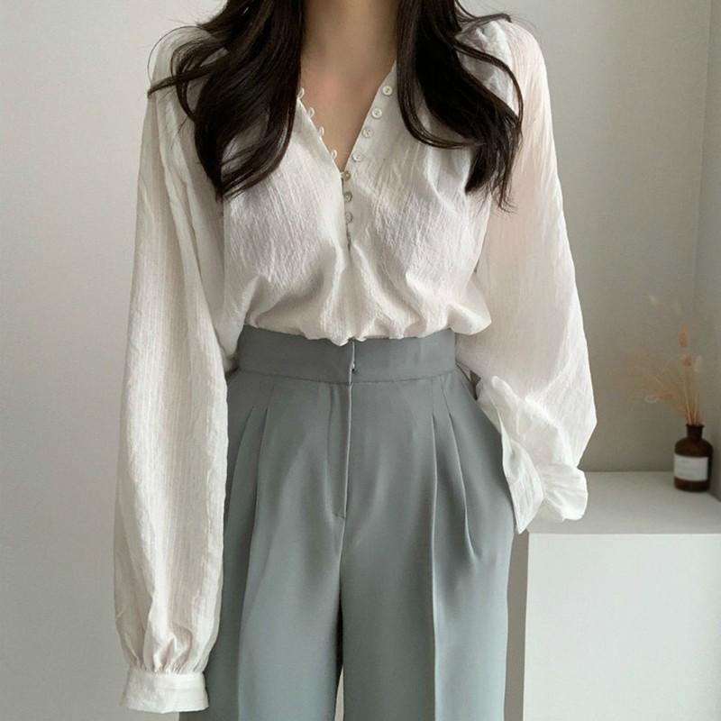 Chic Long-sleeved Thin Air-conditioned Shirt Simple Temperament Ladies Solid Color Loose Shirt
