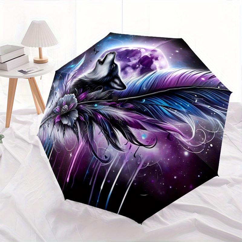 

1pc Wolf s Journey Through Celestial Feathers Pattern Umbrella, Fashionable, Personalized, High-Value Folding Umbrella, a Must-Have for Summer, 8