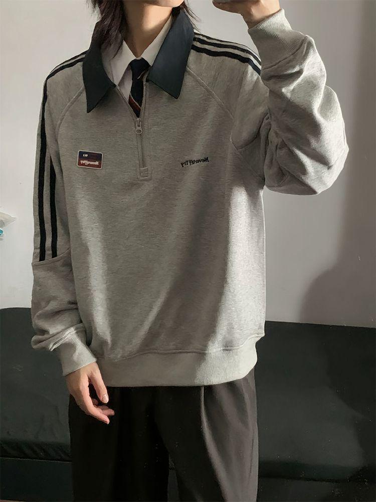 Damska bluza retro z półzapięciem na zamek i kołnierzykiem polo - styl college'owy, luźny krój na jesień/zimę 2025