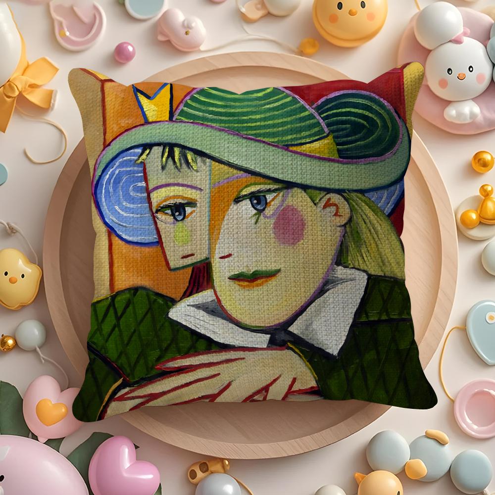P-Picasso Oil Cushion Cover Linen Organic Fabric Double-Sided Printing Breathable Pillow Case Sofa Home Decor Gift