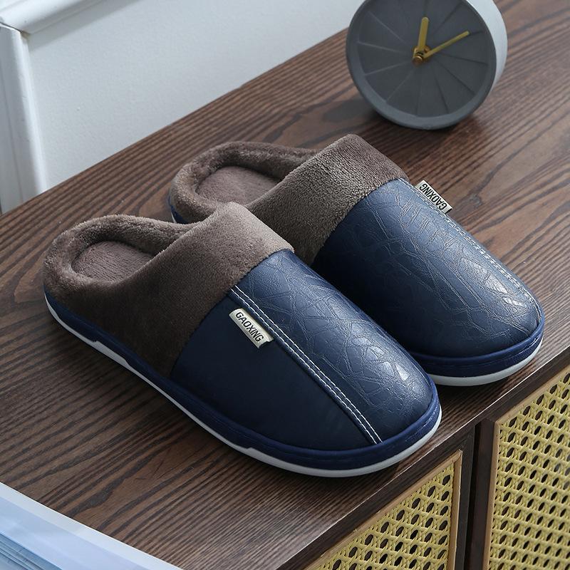 Winter Home Slippers for Men Memory Foam Massage House Slippers with Fur PU Leather Waterproof Indoor Male Slipper Plus Size 51