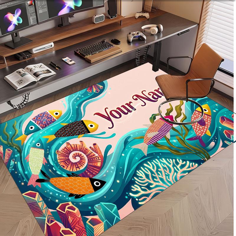 Fish Ocean Theme Soft Crystal Velvet Rug Custom Name & Text Print Non Slip Floor Rug for Bedroom Living Room