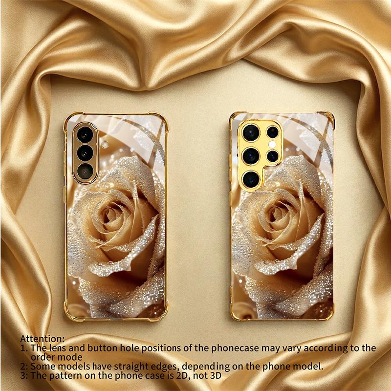 Golden Rose Pattern Glass Phone Case Suitable for Samsung Galaxy S26 S25 S24 S23 S22 S20FE/Ultra/Plus Four Corner Anti Drop Case