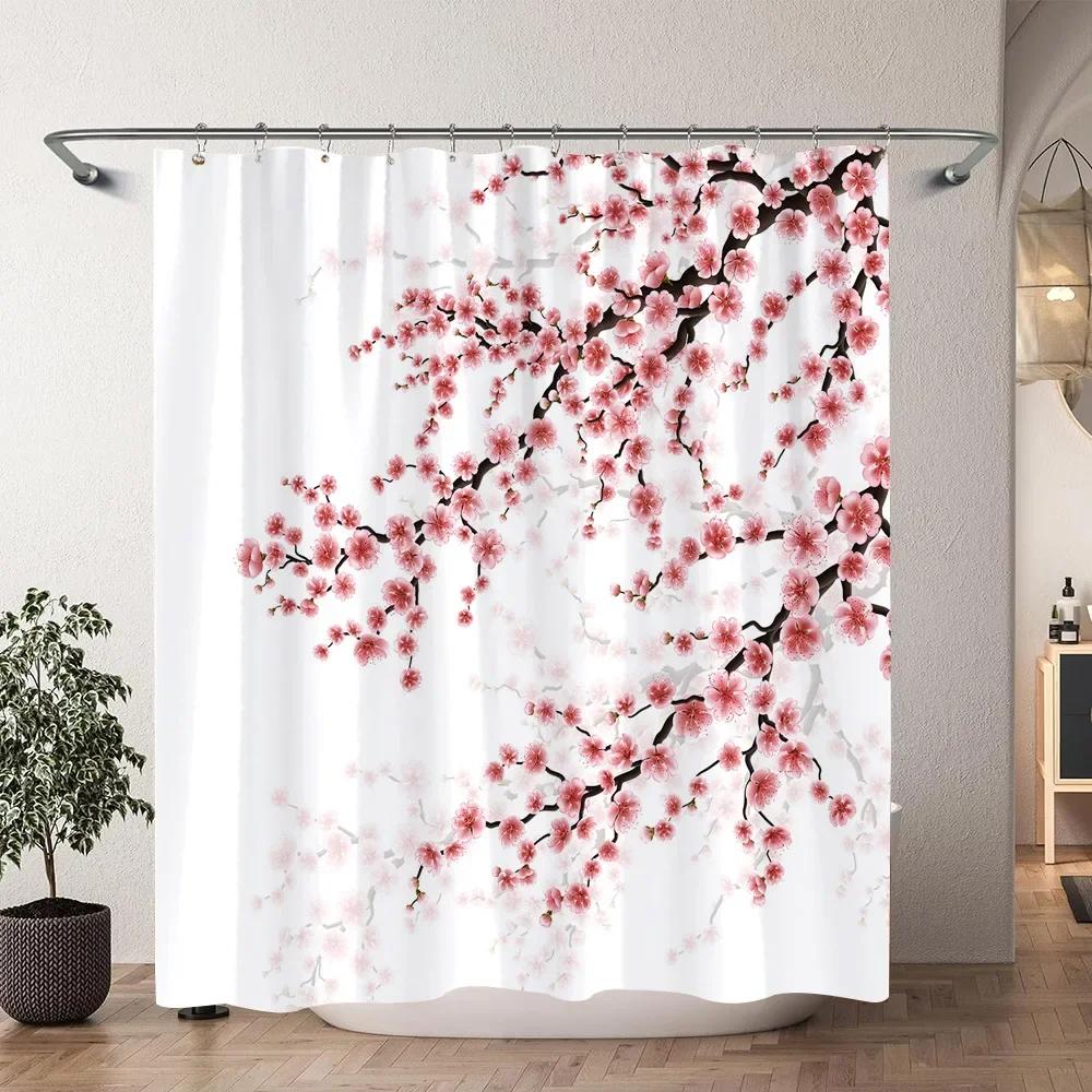Japanese Cherry Blossom Watercolour Print Shower Curtain Koi Waves Chinese Ink Painting Polyester Shower Curtains Bathroom Decor