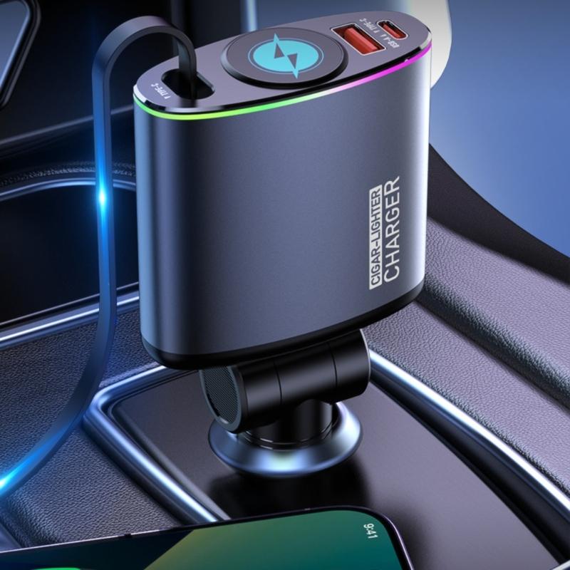 66W Fast Charging Car Adapter with Extendable Type C Cord & USB Slot Suitable for Smartphones and Tablets, Mobile Device