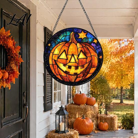 Creative Halloween Souvenirs Stained Glass Suncatcher Ornament Vintage Hanging Window Decor with Pumpkin Ghost Bat Witch Decorations Hat Pattern,