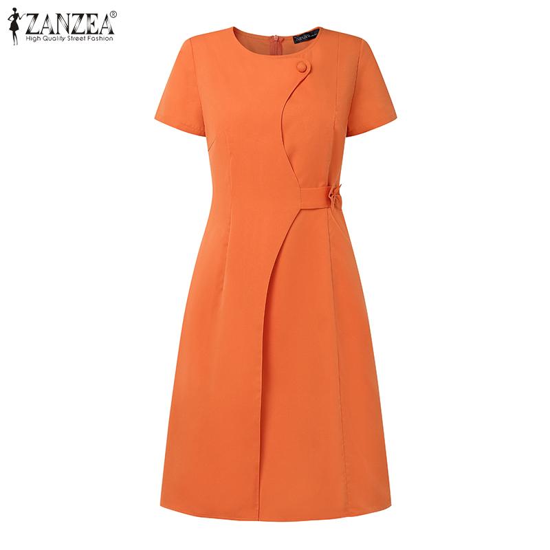 ZANZEA Women Casual Round Neck Summer Solid Color Short Sleeve Dress