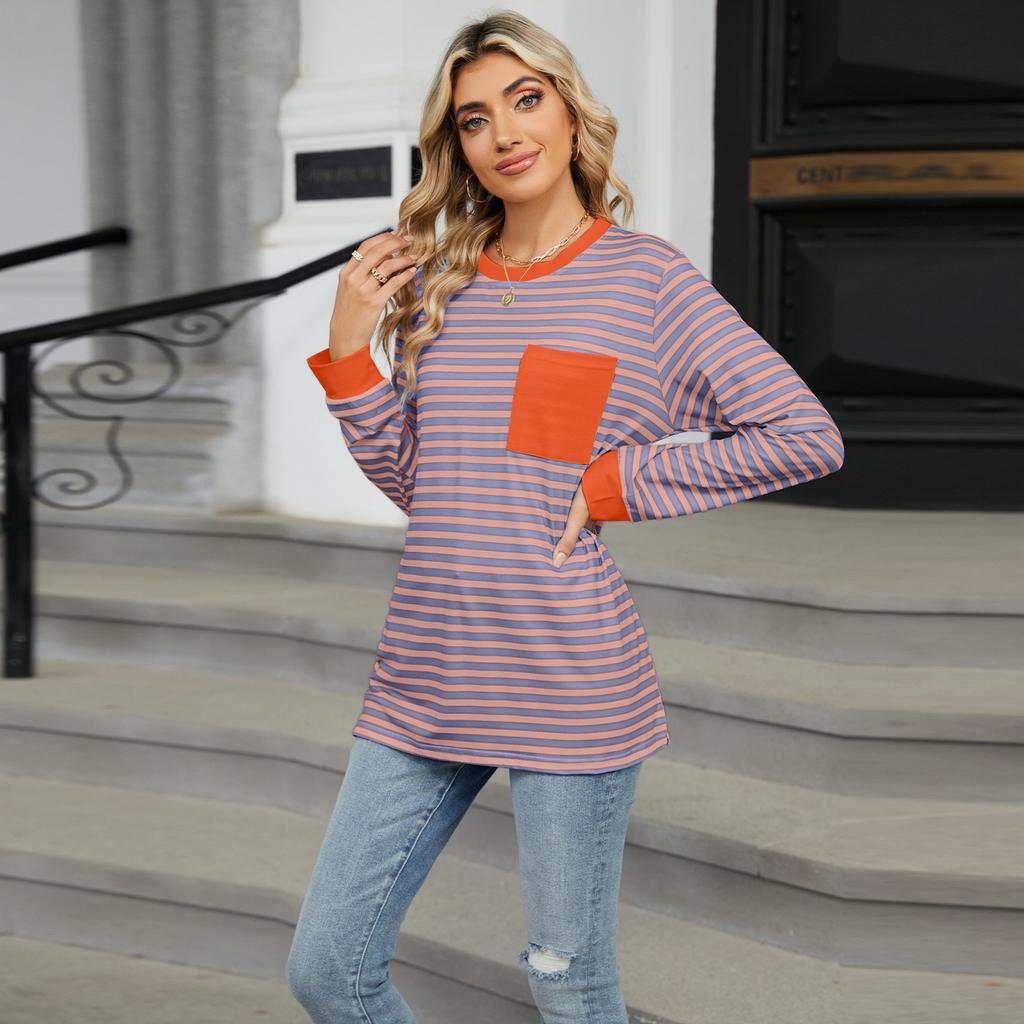 Spring Autumn Long Sleeve O Neck Striped Single Pocket Women Pullover T Shirt Blouse Top