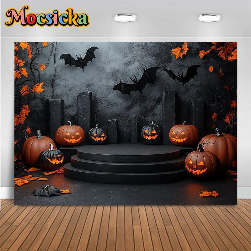Mocsicka Halloween Backdrop For Photography Bat Black Wall Pumpkin Baby Shower Shooting Props Background Decoration Photo Studio