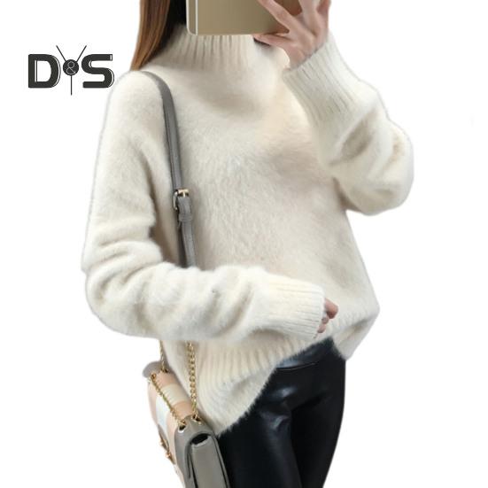 

Женский свитер с полувысоким воротником и длинным рукавом, однотонный трикотажный топ свободного кроя с ребристой отделкой, утолщенный трикотаж