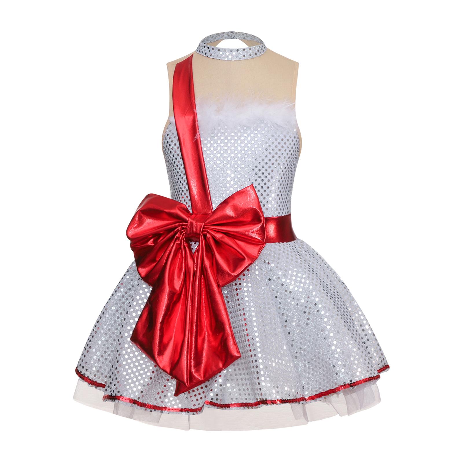 

Дівчачий різдвяний танцювальний купальник-сукня без рукавів з бантиком та паєтками для виступів 13-14 Years білий