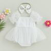 Baby Girl Summer Outfits, Short Sleeve Bow Front Romper Tulle Dress with Headband Set 2Pcs Clothes