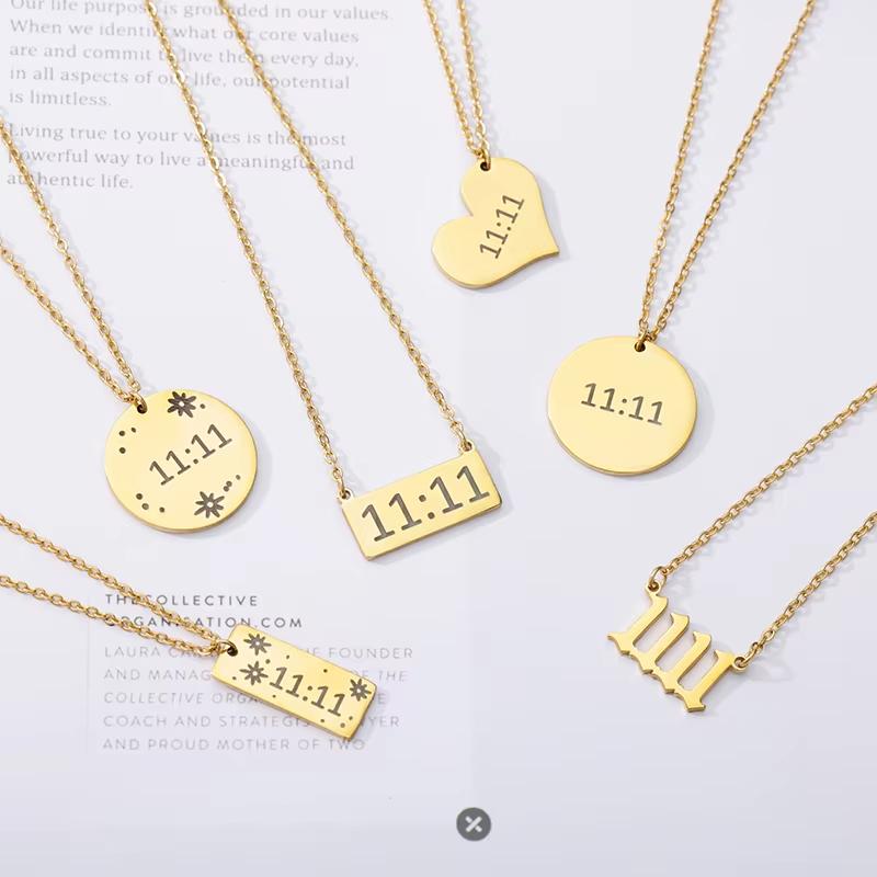 11:11 Rectangle Pendant Necklace for Women Stainless Steel Gold Color Chain Lucky Angel Number 1111 Choker Jewerly Collares