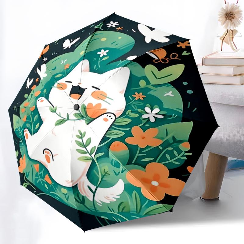 1pc Happy Kitten Ideas Pattern Automatic 3-Fold Umbrella, 8 Iron Frames, High-Value Folding Umbrella, Suitable for Office, Travel and Outdoo