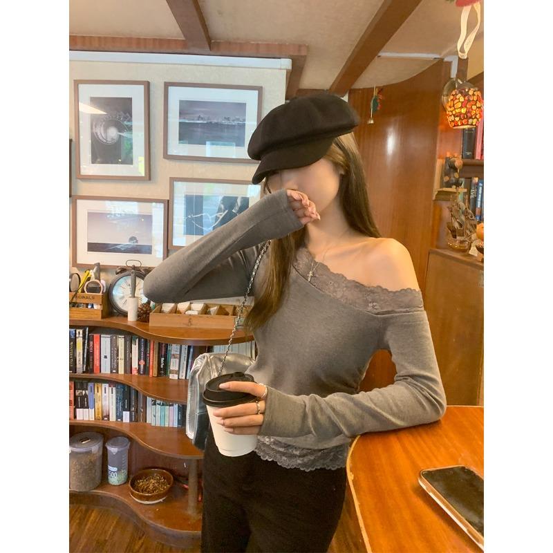 

Женская рубашка с длинными рукавами и кружевным плетением, скошенным плечом, на осень и зиму, с плиссированной застежкой на талии, облегающий топ XL