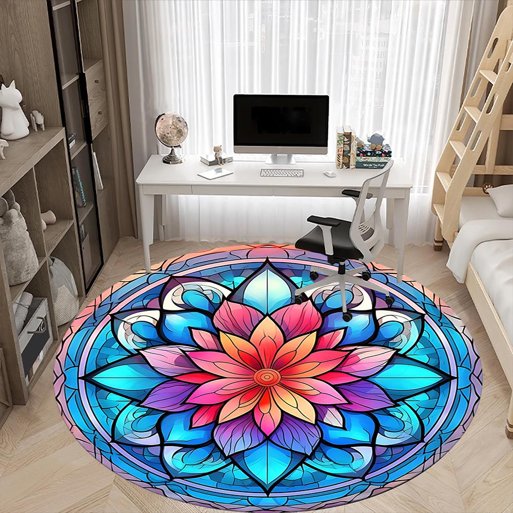 1pc Stained Glass Mandala Office Round Area Rug, Indoor Mat Suitable ForOffice, Under Office Chairs Bedroom Living Room Home Decor, Room Deco q019