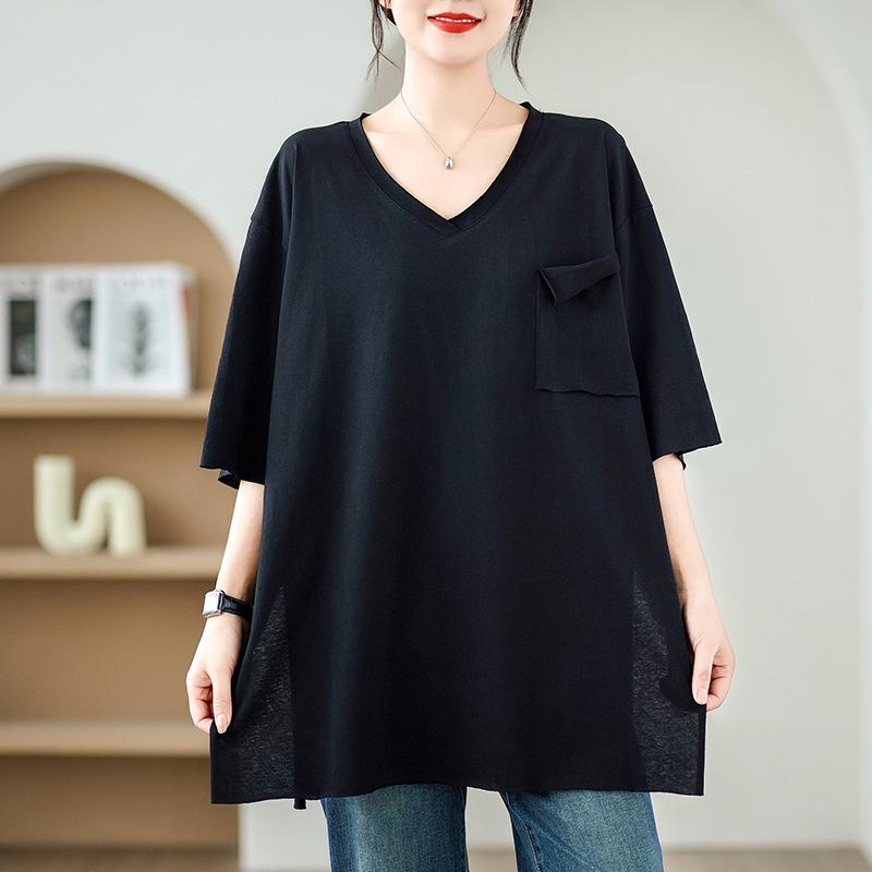 Dimanaf Camiseta de talla grande de verano 2025 para mujer, cuello en V, manga corta, lisa, holgada, maxi