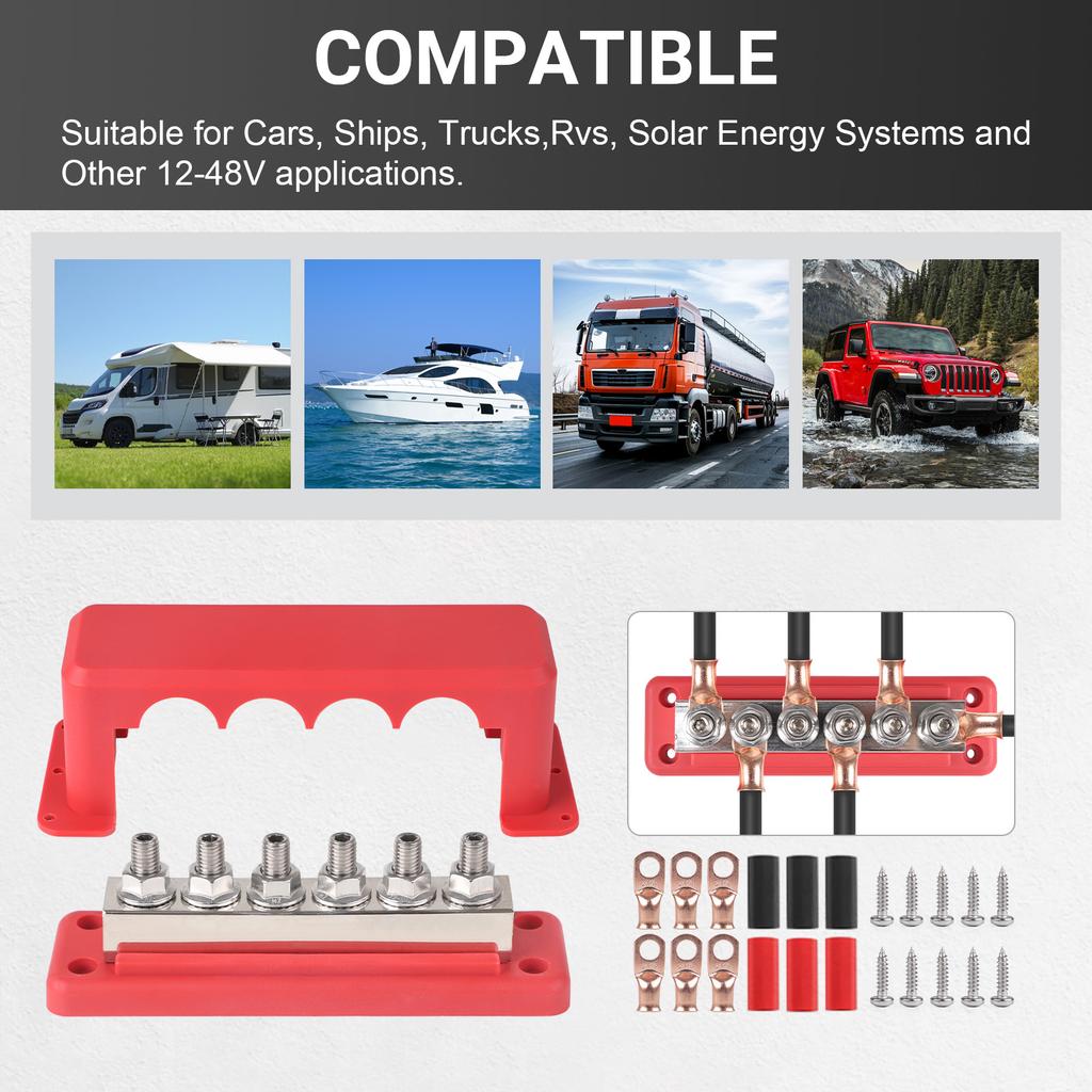 600A Bus Bar Terminal Power Distribution Block M10 Studs DC Positive Negative Terminal Block For Boat Car RV Cable Organizer
