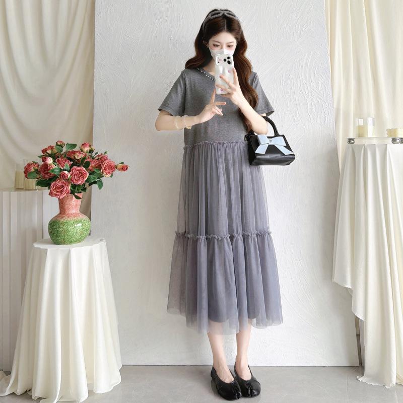 

Korean Style Loose Slimming Maternity Knit Mesh Dress - Summer Mid-Length Round Neck Extra Large серый