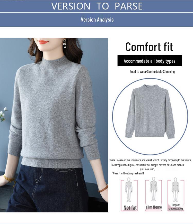 Puyuan Women's Pure Wool Half-High Neck Sweater - Autumn/Winter Solid Color Knit Base Layer for Moms