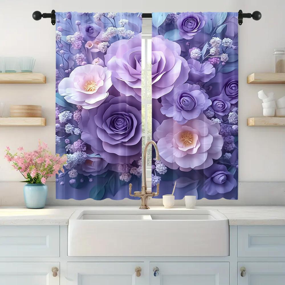 2pc,  Curtain Large Purple Floral Blackout  Polyester Festive Wall Decor Use for Holiday Parties