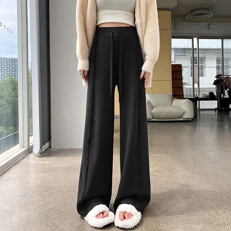 

Autumn New Drapey Slimming Floor-Length Pants with Elastic Waist, Drawstring, Straight Leg, Tassel Raw Edge, Knit Style for Women. One Size [80-120]