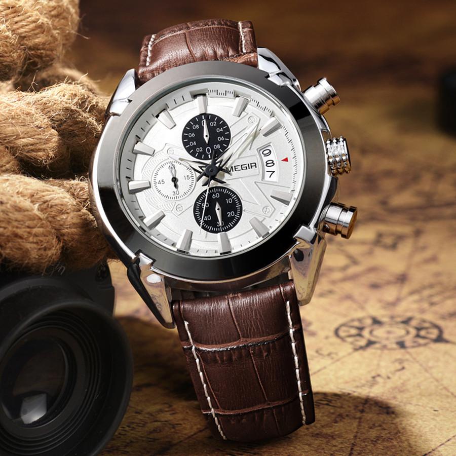 MEGIR Men Watches Original Fashion Leather Quartz Wristwatch Military Chronograph Big Dial Sports Clock Reloj Hombre
