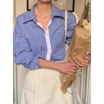 Korean 2024 Spring Striped Classic Loose-Fit Shirt with Turn-Down Collar & Double Pockets for Women