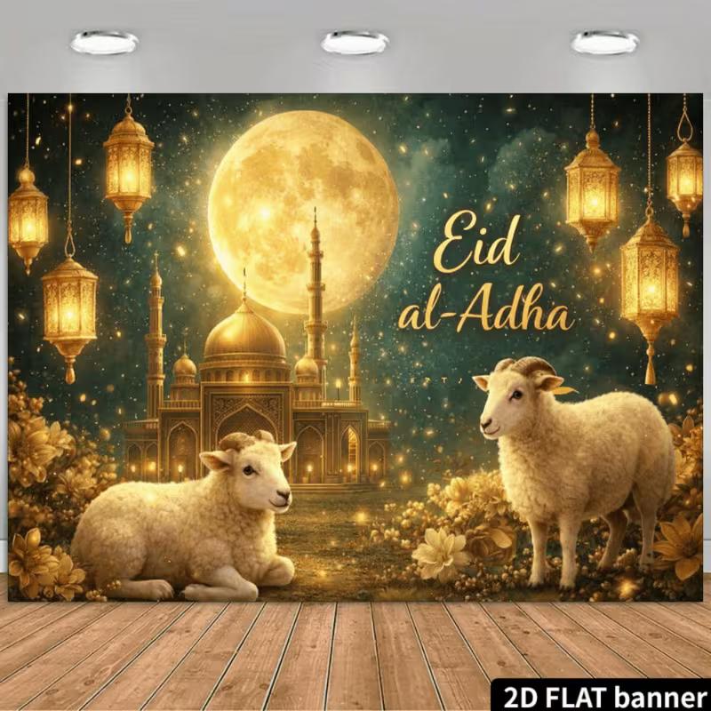 

Elegant Eid al-Adha Backdrop, Warm Golden Scene with Mosque, Lanterns and Sheep, Festive and Spiritual Party Wall Art 47.2x31.5inch/120*80cm