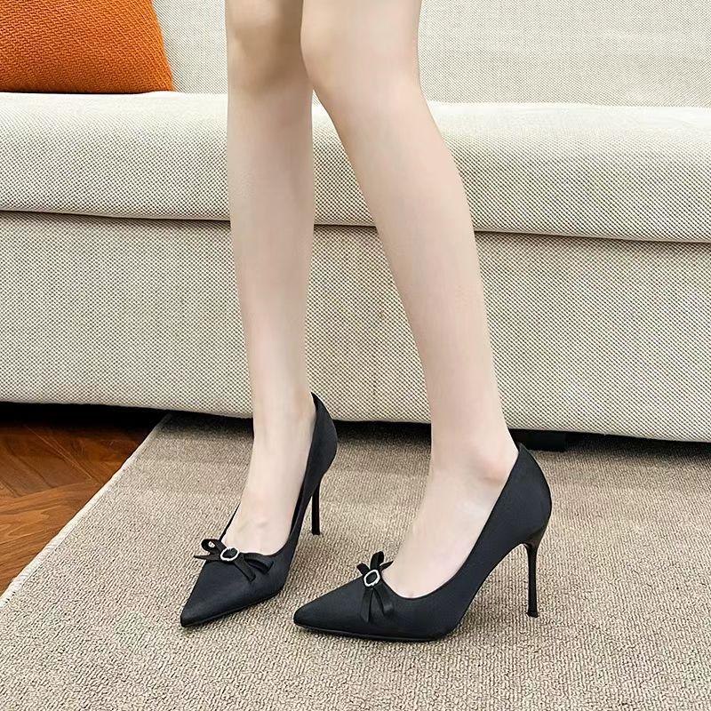 Solid Color Bow High Heels Women's 2025 Spring and Autumn Thin Heels Satin High Temperament Single Shoes Bridal Wedding Shoes
