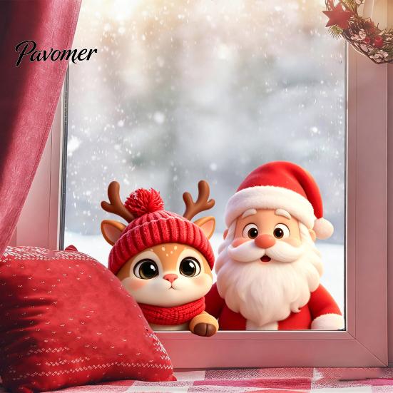 Holiday Glass Stickers Santa Claus Reindeer Window Cling, Christmas Static Sticker Decals for Party, Removable Reusable Decoration Decal Bathroom