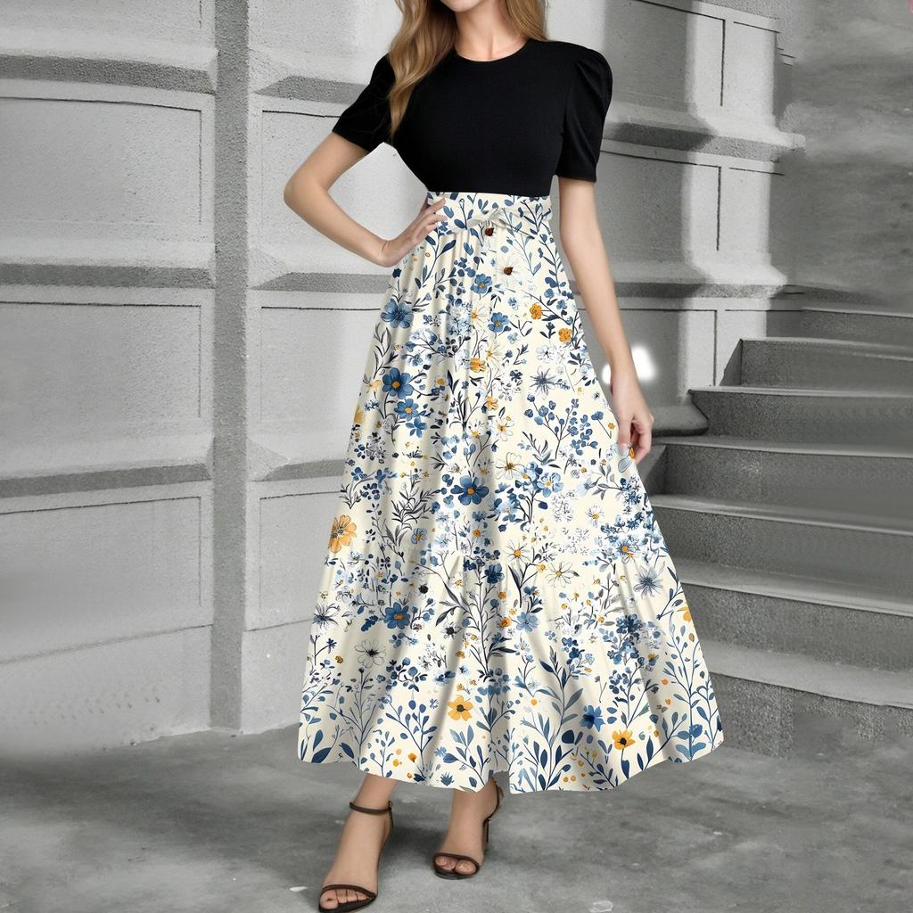 Women's Fashion Casual Belt Short Sleeve Round Neck Print Stitching Elegant Temperament Dress