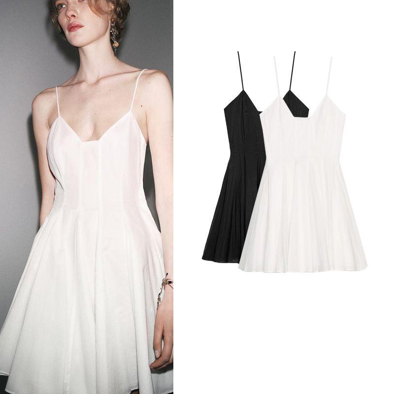 Spring and Summer Women's Clothing French Wide Hem Design V Neck Sleeveless Poplin Cotton Sling Short Dress 2731085