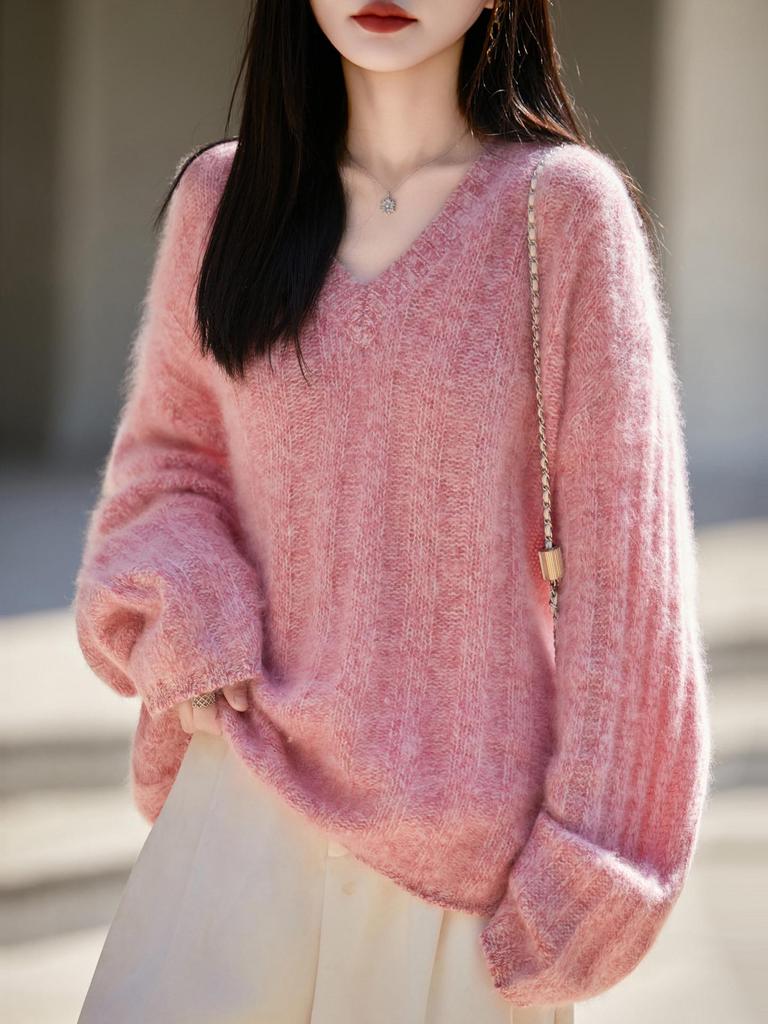 Soft Heather Yarn Plush Wool Sweater for Women - Thick, Loose, Cozy Cashmere Knit