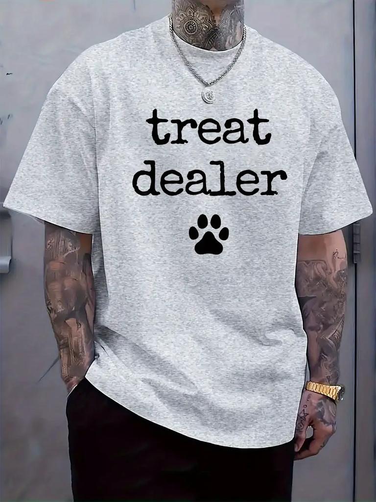 Casual "Treat Dealer" Graphic T-shirt with Paw Print Design - Light Gray Crew Neck Short Sleeve Tee for Summer