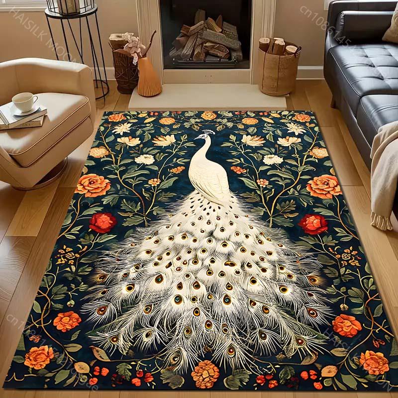 White Peacock and Flowers Printed Carpet for Bedroom Living Room Bedside Sofa Floor Mat Modern Home Decor Area Rug for Gifts