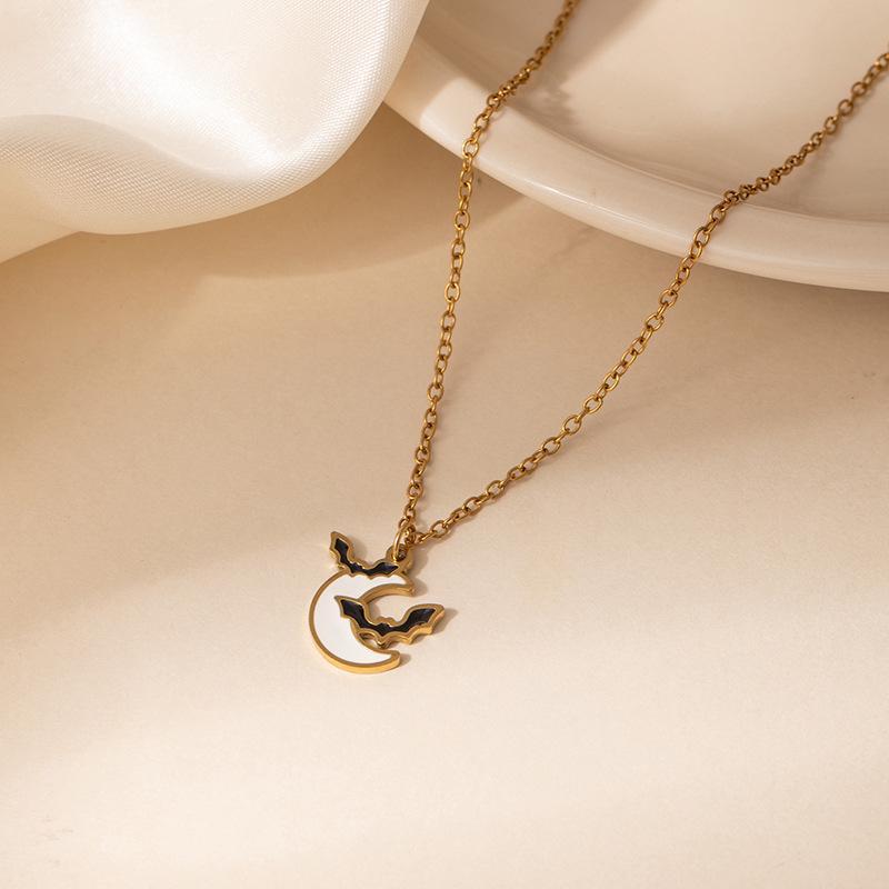 Women's Moon Bat Ghost Necklace: Stainless Steel Clavicle Chain for Halloween and Christmas