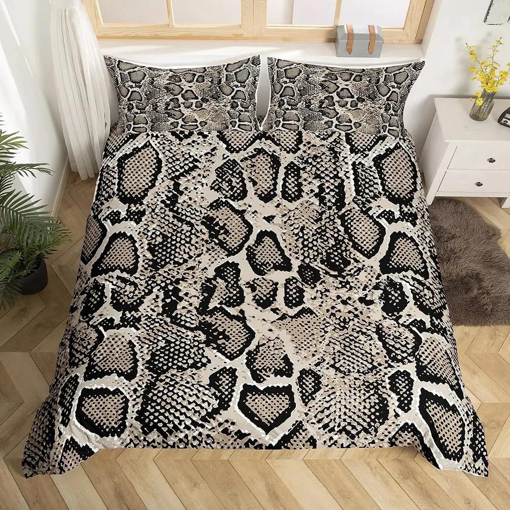 Schlangen Bettbezug Set, Schwarze Rosenblüten Rustikaler Bettdeckenbezug, 3D Aufgerollte Schlange Weißes Reptilien Bettwäscheset, Bettbezug King Size