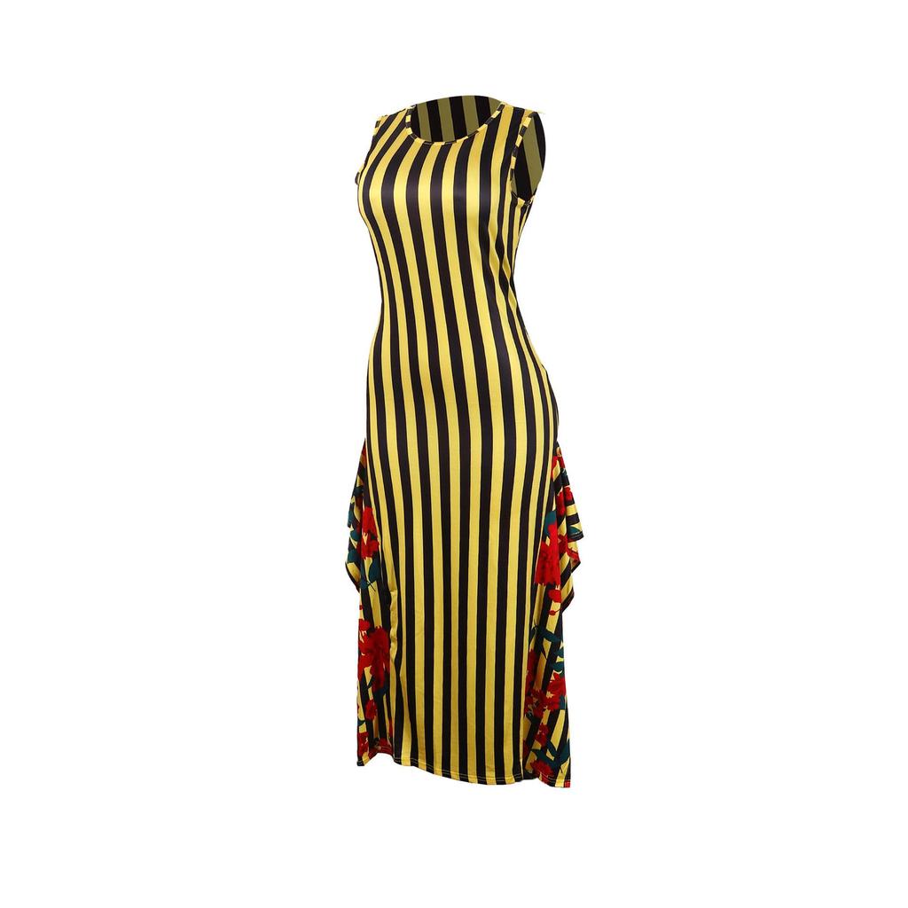 European & American Women's Sleeveless Striped Ruffle Print Dress