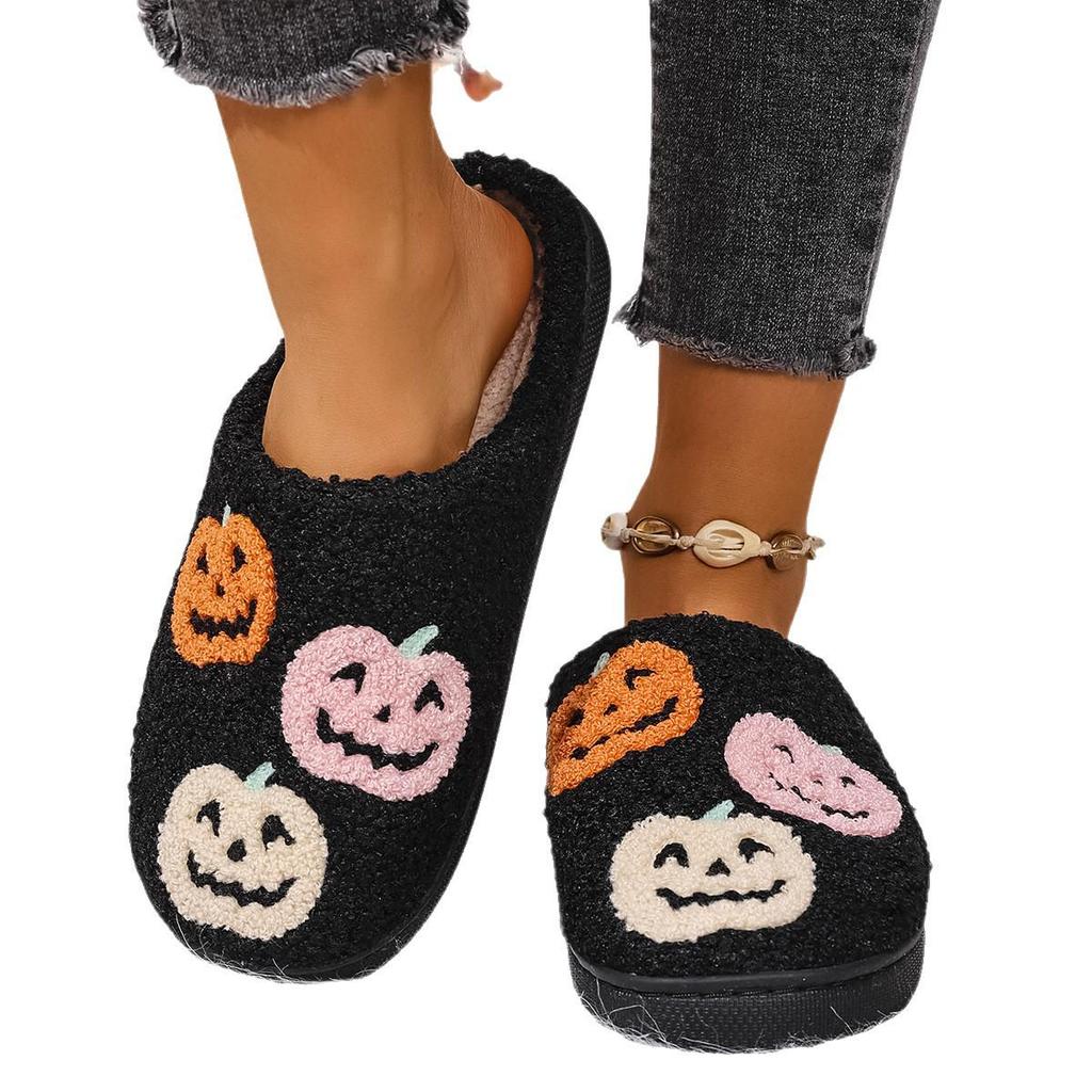 Unisex Halloween Pumpkin Indoor Cotton Slippers for Autumn and Winter, Warm Closed-Back Design