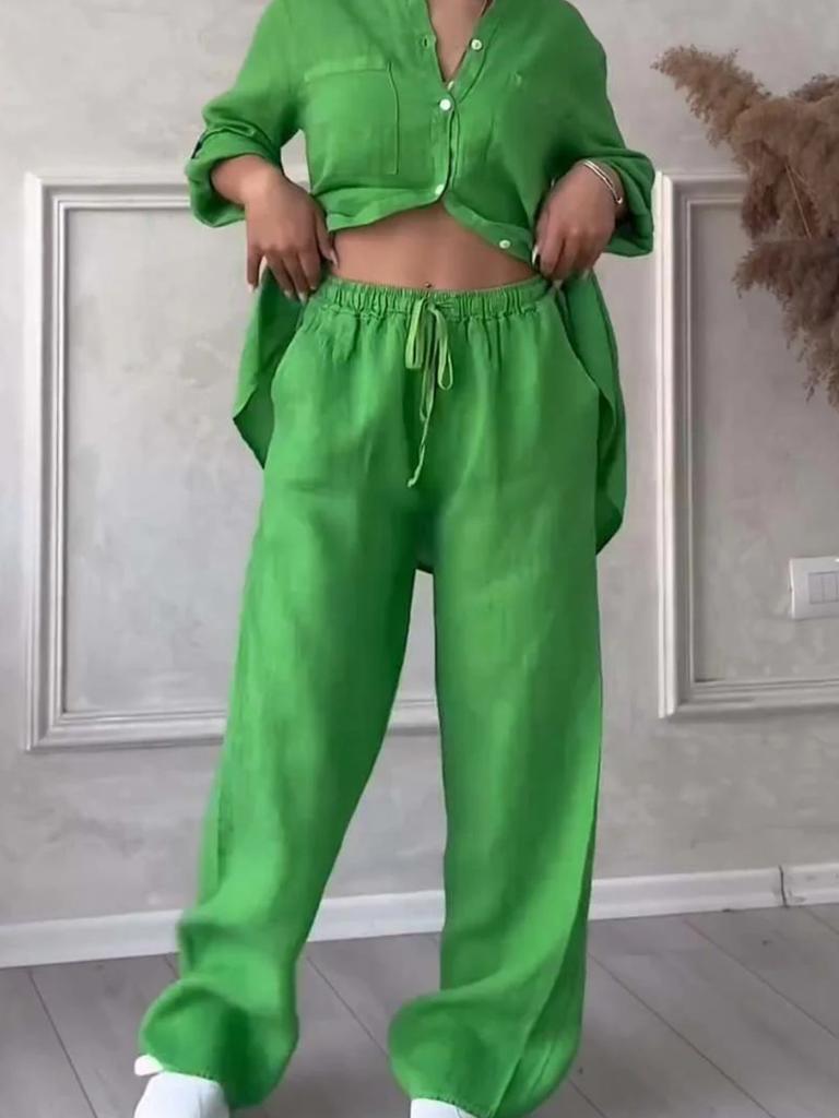 New Women's Solid Color One-Button Long Sleeve Shirt Two-Piece Set Wide Leg Pants with Tie Waist Trousers for Women