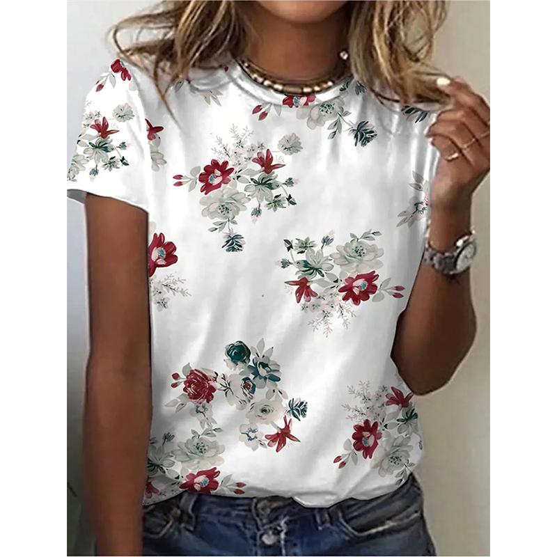 T-shirts d'été à fleurs imprimé 3D pour femmes Streetwear Décontracté Col rond T-shirt Y2k Harajuku Surdimensionné Y2K Haut T-shirts Vêtements Femme