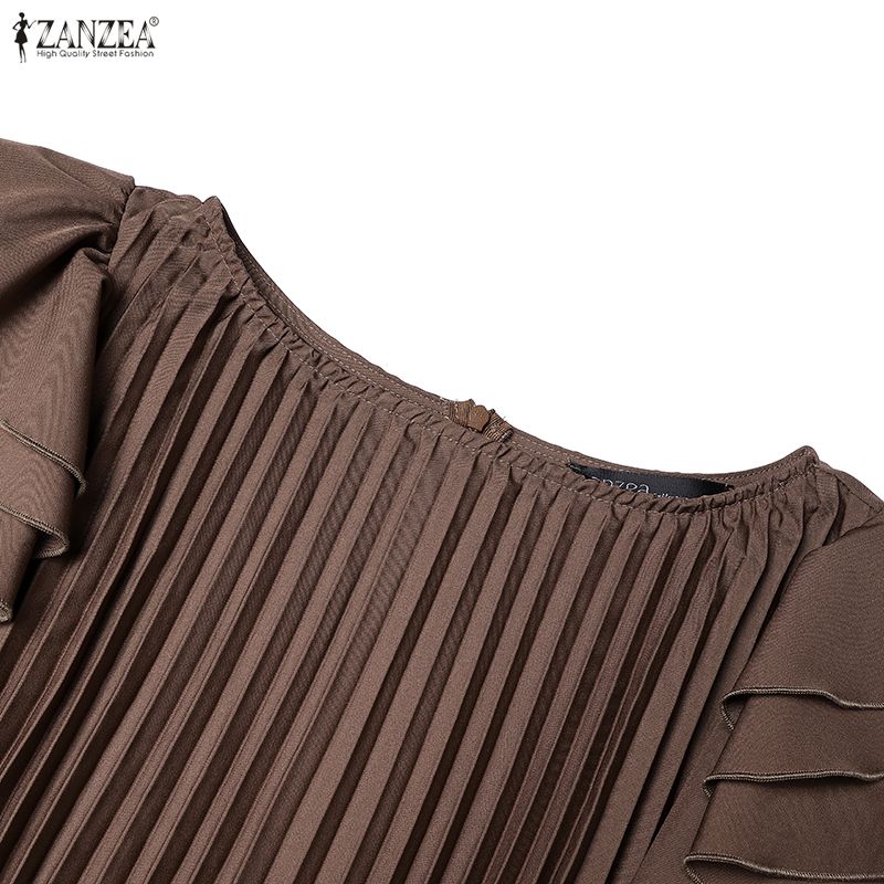 ZANZEA Women Casual Round Neck Ruffles Short Sleeve Loose Pleated Long Dress