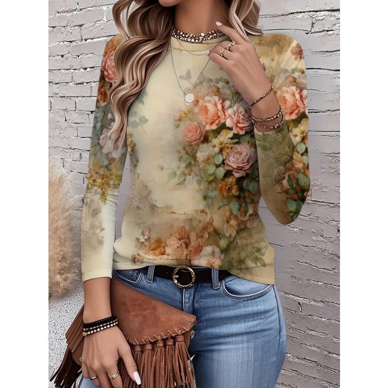 2026 New Women's Fashionable Long-Sleeved T-Shirt with Fresh Floral Pattern, Perfect for Everyday Wear and Stylish Outfits