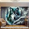 2D Blue Eyed Wolf Tapestry, Moonlit Forest Mountain Wall Hanging, Scenic Wildlife Decor