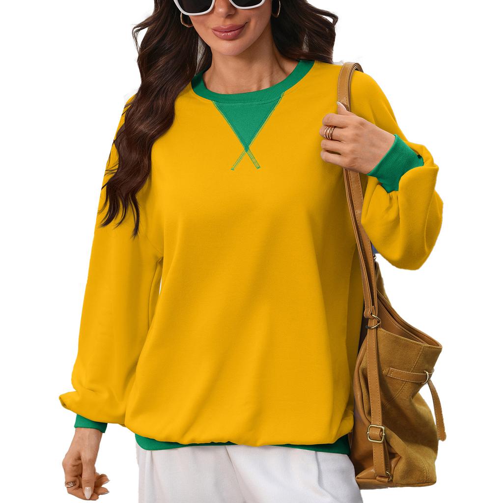 Fall/Winter New Style Round-neck Color-Contrast Loose Long-Sleeved Sweatshirt for Women