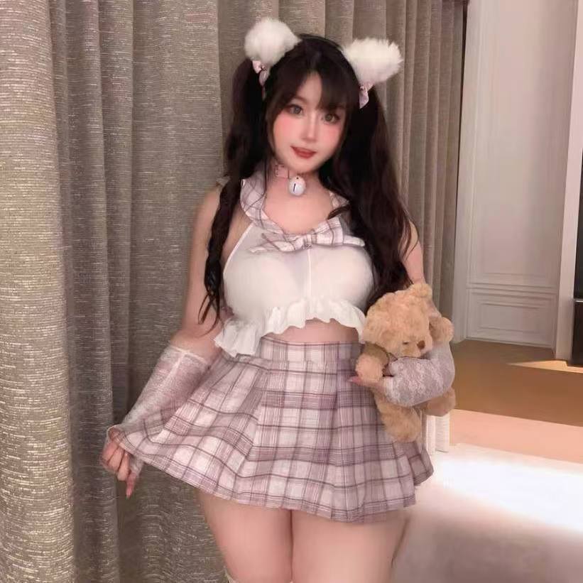 Large size 200 sex clothes, sexy plaid jk student clothing, passion lace-up hollow student uniform